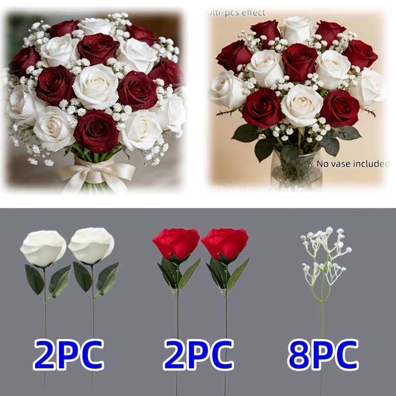TEMU 12pcs Mixed Red And White Artificial Flower Bouquet: 8pcs Of Flowers + 2pcs Of Red Roses + 2pcs Of White Roses. Suitable For Valentine's Day,