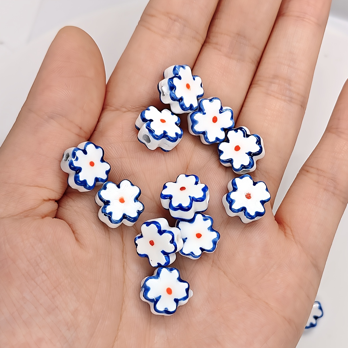 5pcs Blue and White Flower Ceramic Beads for Jewelry Crafting