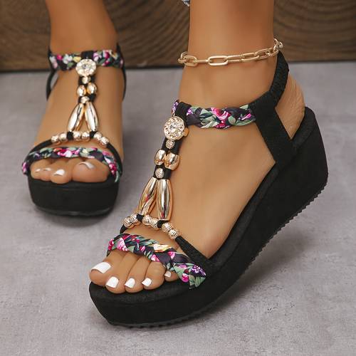 bohemian style womens gem embellished wedge sandals casual open toe platform shoes comfortable ankle strap sandals suitable for beach parties and women shoes