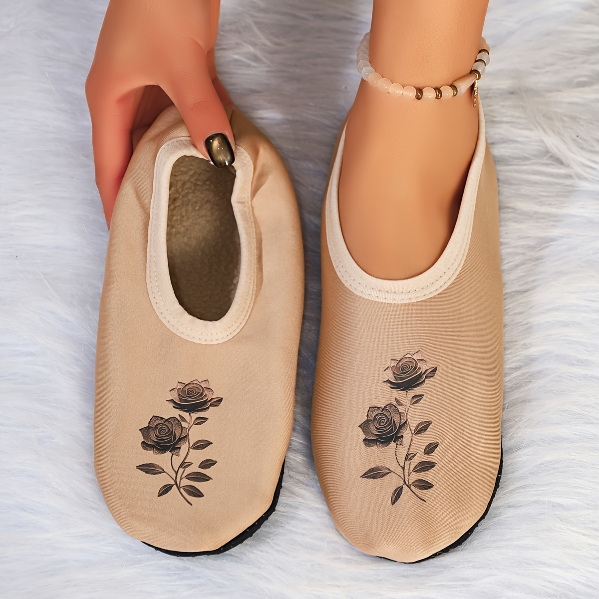 TEMU Women's House Slippers With Fashionable Floral Pattern, High-elasticity Soft-sole Indoor Dance Shoes And Yoga Shoes, Women Shoes