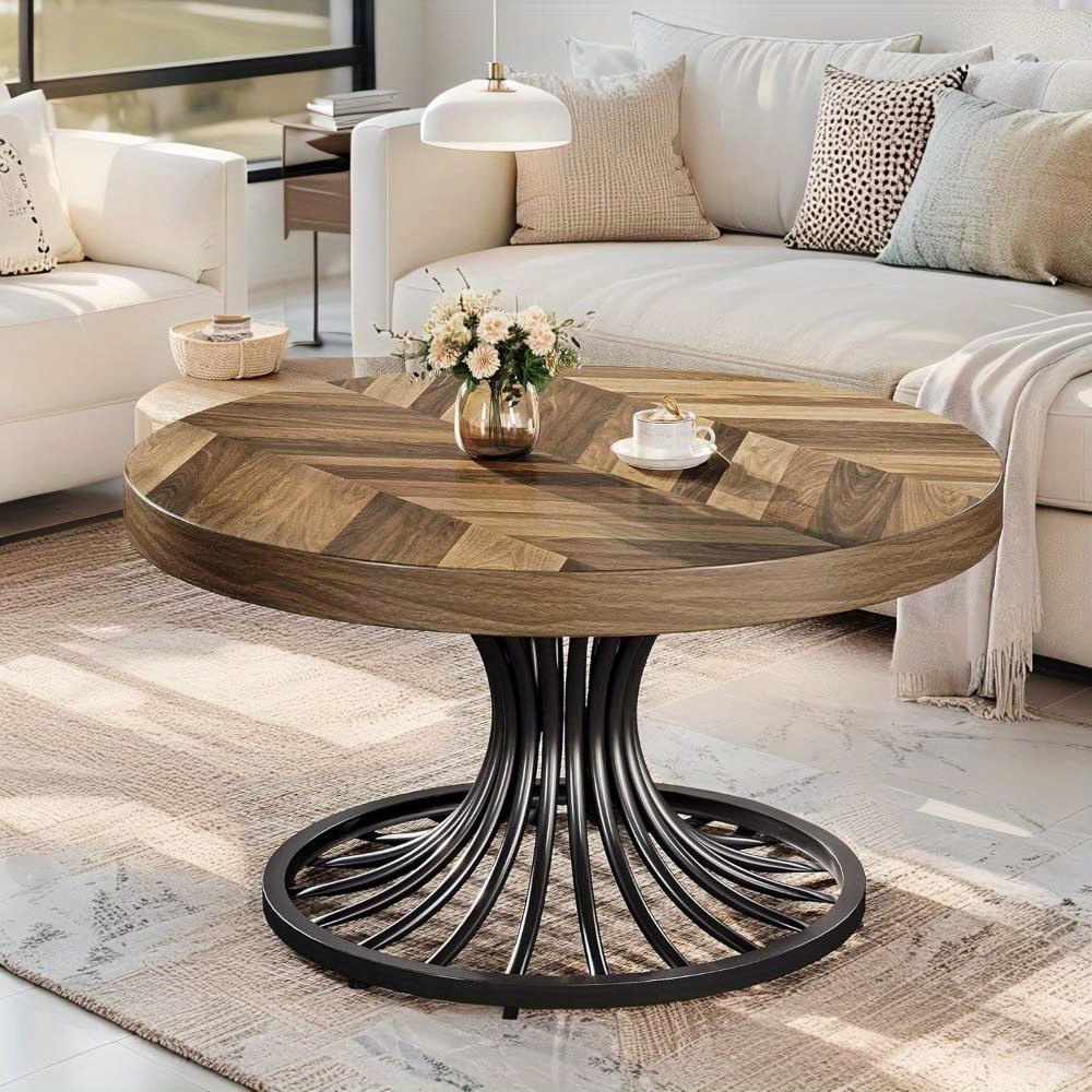 TEMU 79cm Round Coffee Table - Farmhouse Style Solid Top & Black Metal Base, Space- Rustic Brown Wood Center Table For Small Living Room, Easy