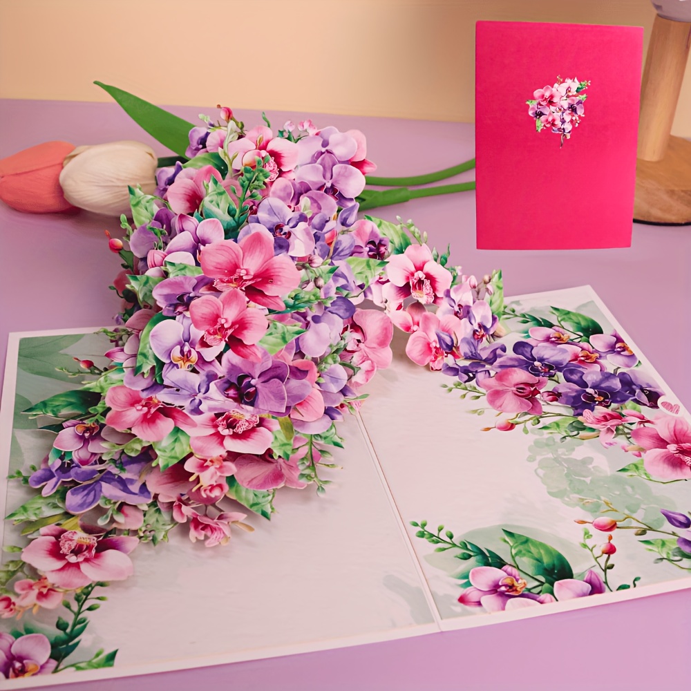 Image of 1pc Flower Pop-up Card, Orchid Happy Mother's Day Greeting Card, Birthday, Valentine's Day, Anniversary, Thanksgiving, Christmas, Thank You Card With Small Note Card