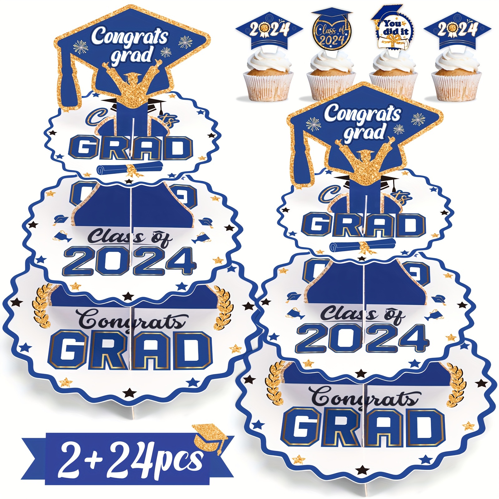 

2set Graduation Decorations Class Of 2024 Blue And Gold Cupcake Stand, 3-tier Cardboard Congrats Grad Tower Plus 24 Cake Toppers Party Supplies Decor(assembly Needed)