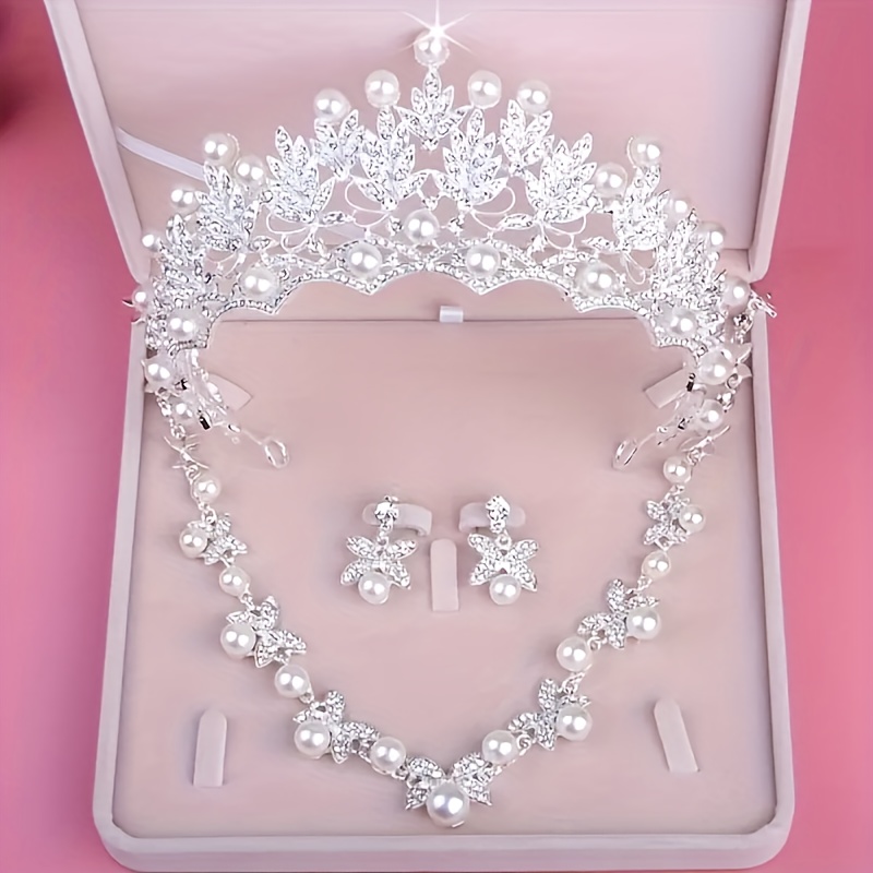 TEMU Bridal Crown Necklace Earrings Set Chain Bridal Accessories High End Wedding Beads Crown Necklace Earrings 3 Piece Set Evening Banquet Birthday Party Headwear Crown Set Chain