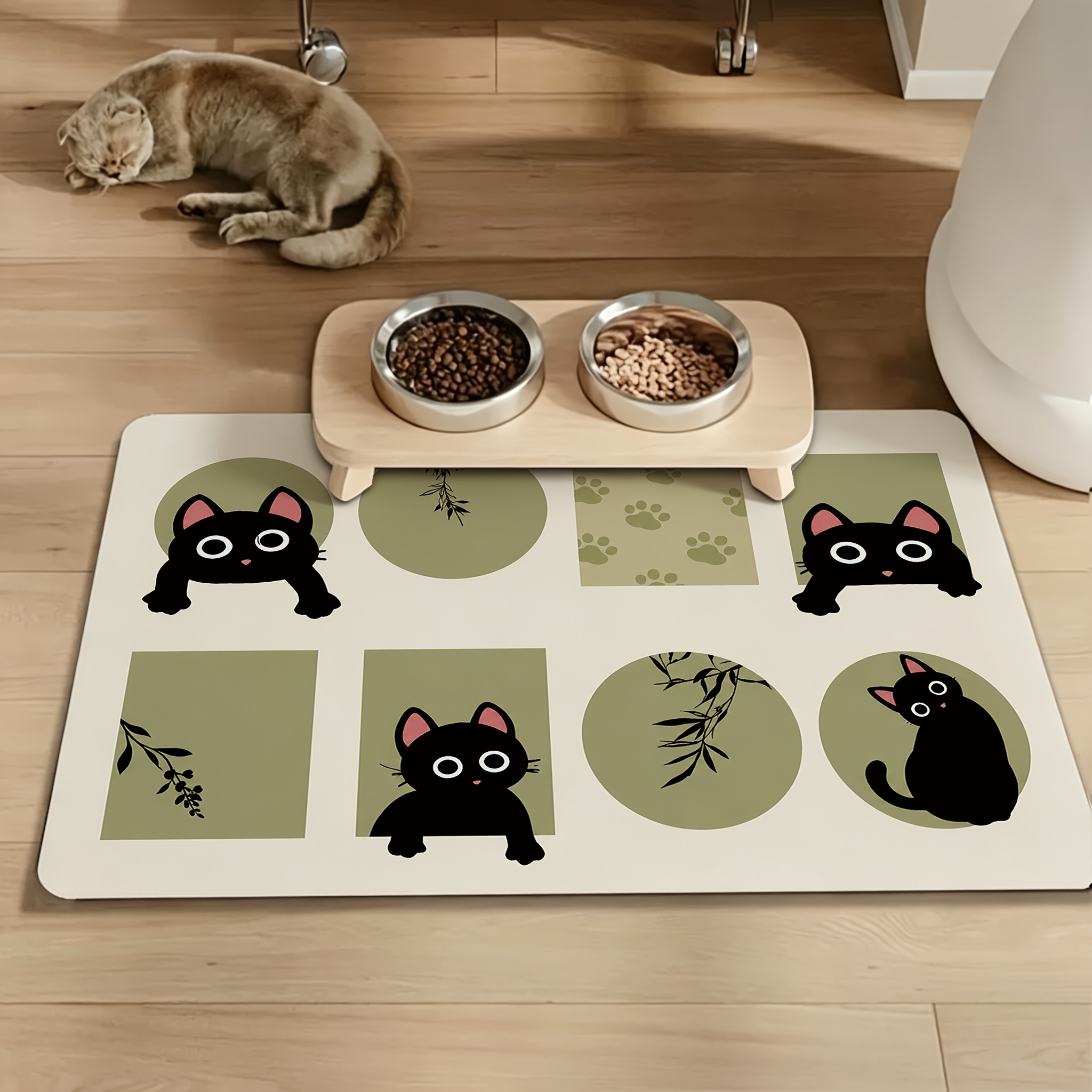 TEMU 1pc, Cartoon Cat Themed Absorbent Placemats, Featuring An Adorable Black Cartoon Cat As Element, With Patterns Such As , Leaves, And Fish Bones.