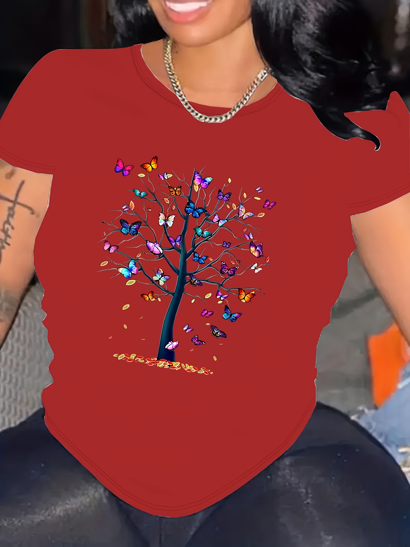 Butterfly Tree Print Crew Neck T-Shirt, Casual Short Sleeve T-Shirt For Spring & Summer, Women's Clothing