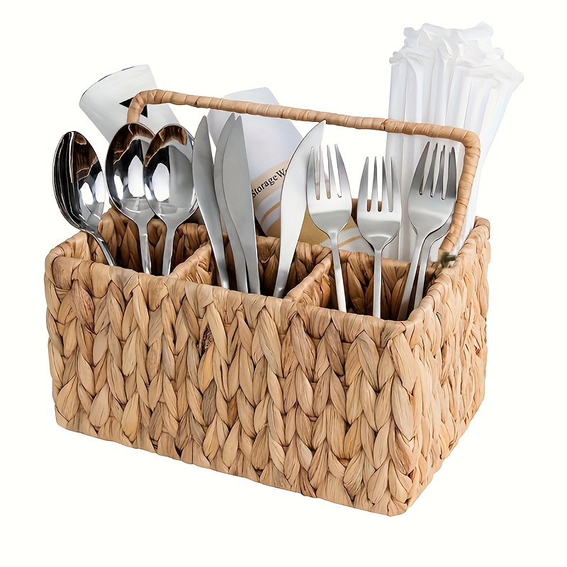 

1pc Hand-woven Water Hyacinth Silverware Caddy, Rustic Cutlery Organizer With Handles, Farmhouse Style Tabletop Storage, Multi-use For Kitchen, Office, Or Home