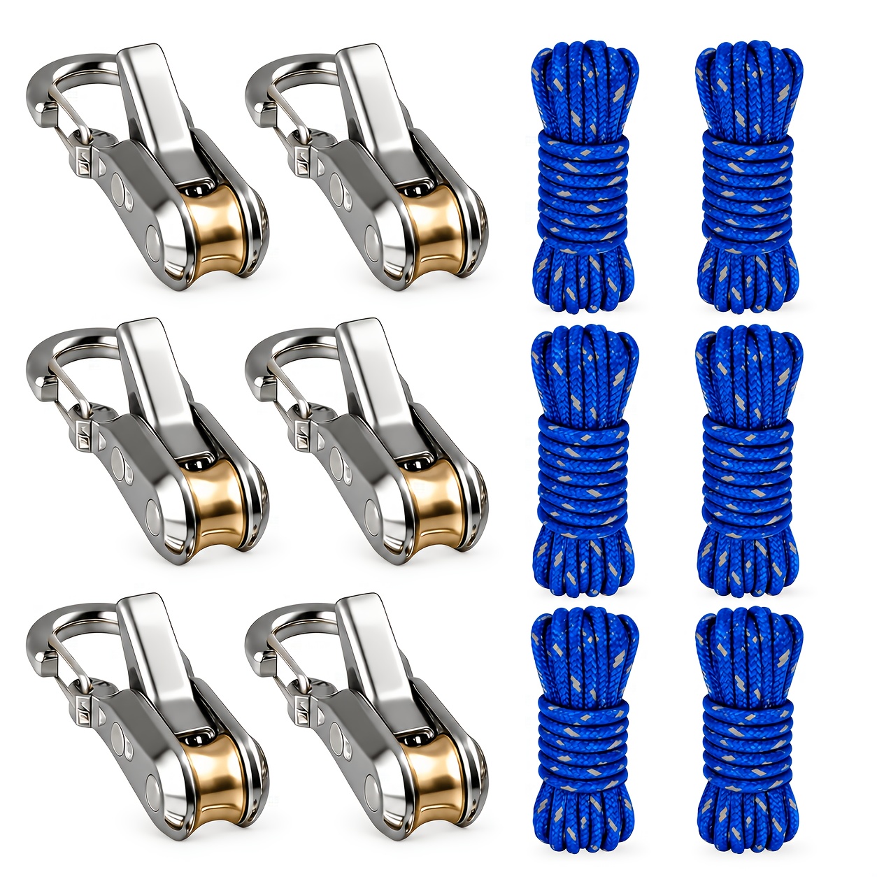TEMU 12pcs Rope Tensioner Set With Metal Pulley Adjusters, 6 Blue Reflective Nylon Ropes, 13.1 Ft Each, Rope Fasteners For Home Storage, Garage,