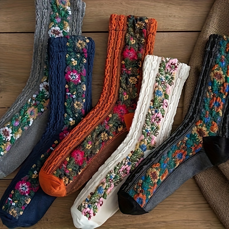 

5 Pairs Of Women's Lovely Floral Socks Retro Embroidered Plant Socks For Female Teens Comfortable Ankle Socks