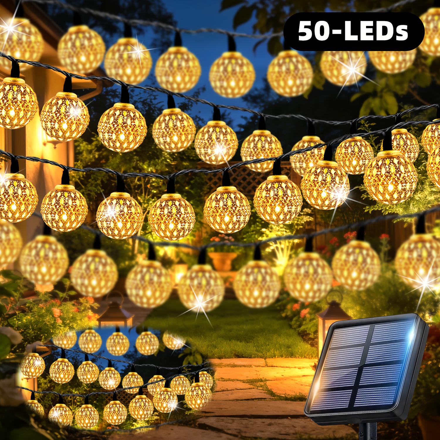 Image of Solar Moroccan Ball String Lights, 6.9/4.9m Garden Fairy Lights, 50/20 Fairy Tale Metal Ball Lights, 12 , Smart Light Sensing , Suitable For Gardens, Yards, Parties, Ramadan, Weddings, And Camping