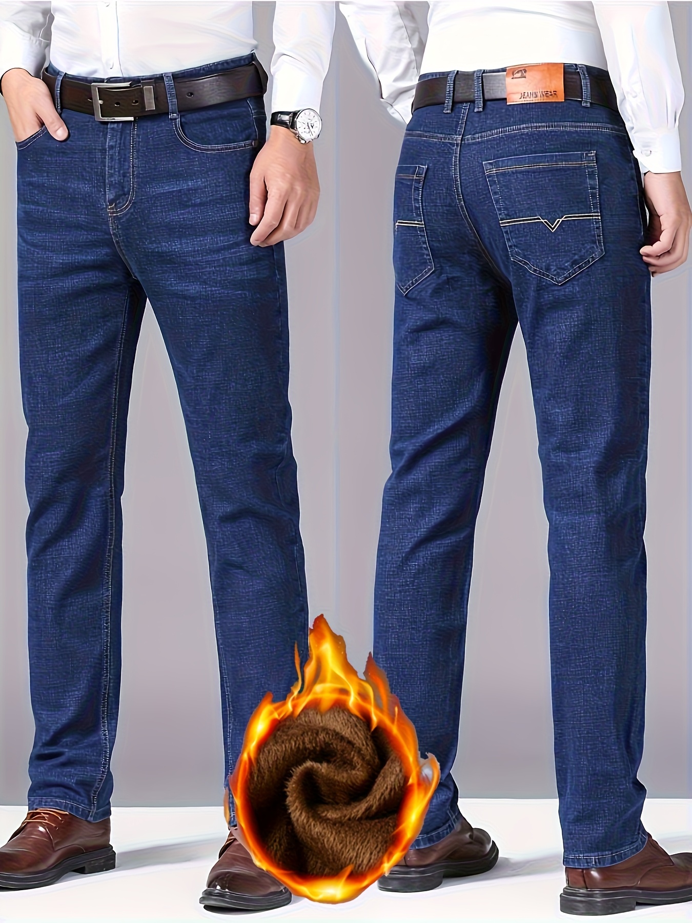 Popular Men's Business Denim Pants - -Lined for Warmth and Comfort / Regular Fit Suitable for All Seasons - Cotton Blend, Skin-Friendly, and Breathable - Mid-Waist with Stretch, Not Tight - Wash-Resistant and Fade-Proof - Available in Multiple Colors