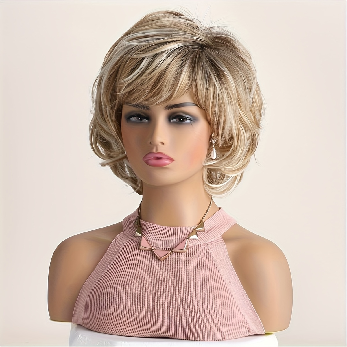 TEMU Dames Blonde Korte Krullende Pruik met Zijpony - Synthetisch Hittebestendig Haar Geschikt voor Dagelijks Gebruik & Halloweenfeesten, Krullende