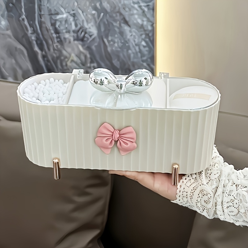 1pc Large 3-grid Storage Box With Transparent Lid & Cute Bow - Plastic Suitable For Bathroom Vanity, Dresser, Countertop - Decorative Bow Accent, Spacious Multi-compartment For & (gift)