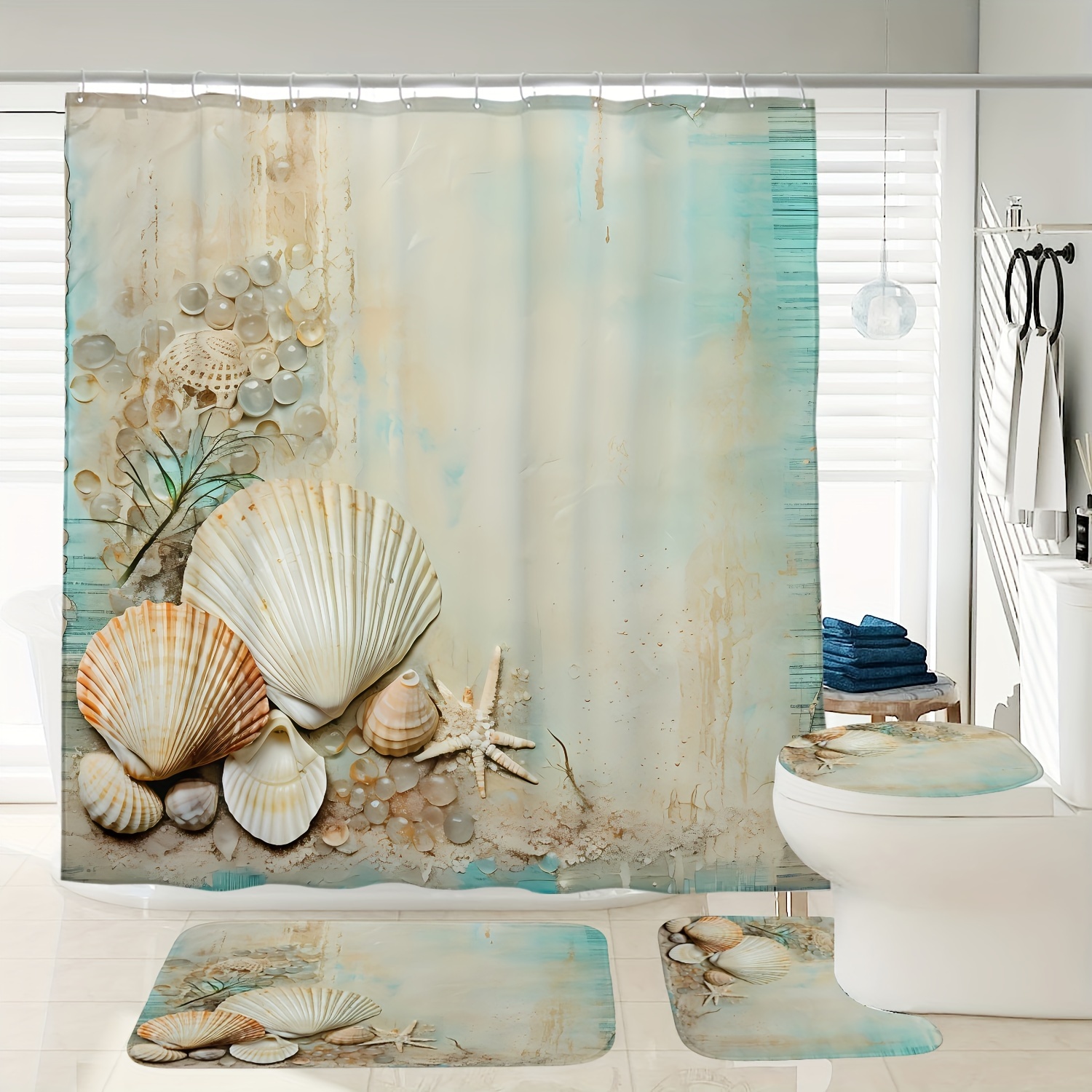 

1/3/4pcs Beach Shells Pattern Digital Printed Waterproof Shower Curtain Toilet Seat Bath Mat Set, With 12 Plastic Hooks, 72 Inches X 72 Inches
