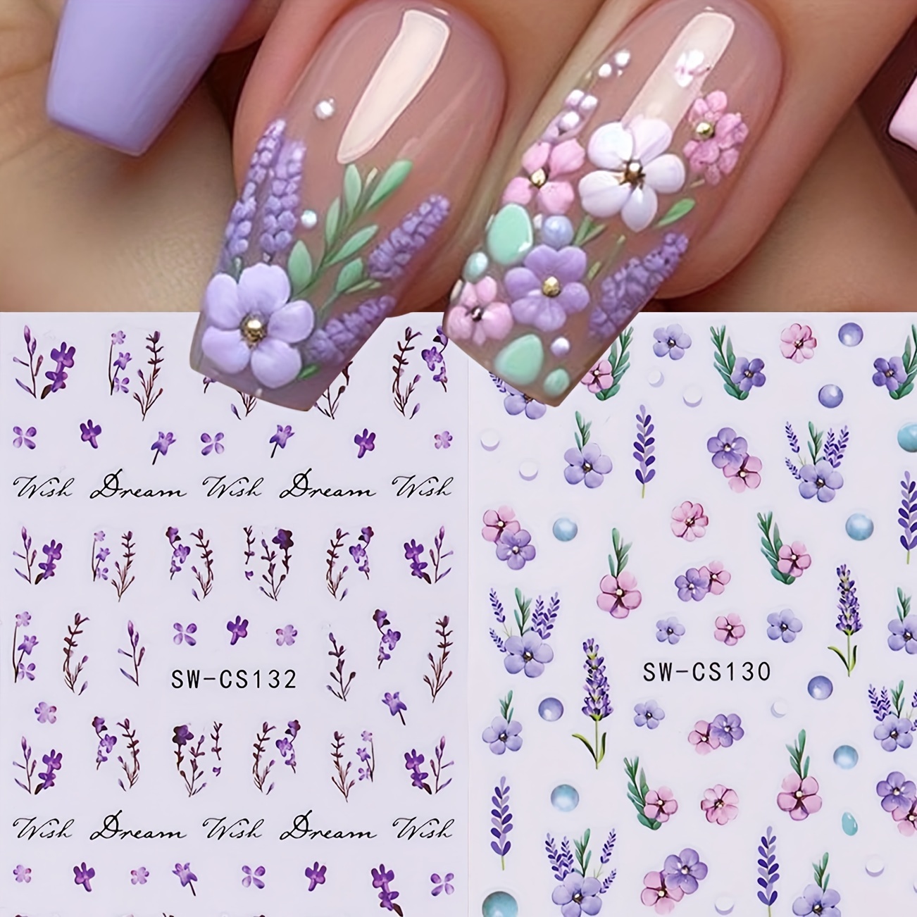 2pcs 3d And Lavender Flowers Nail Art Stickers, Semi- Self-adhesive Plastic Decals For Nail Decoration, Nail Stickers