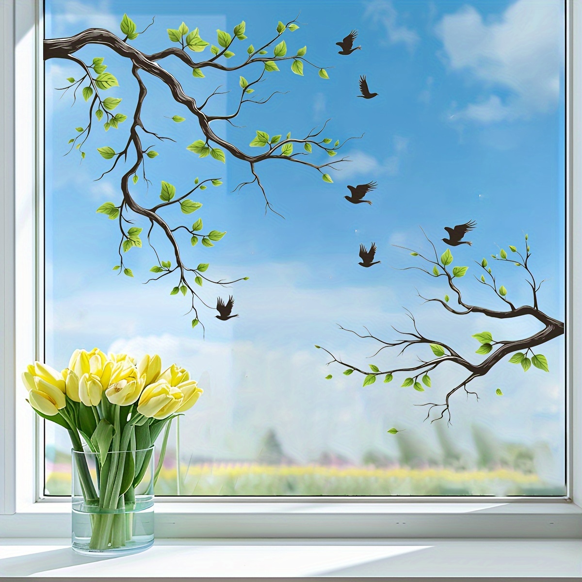 Image of 1pc Decorate Your ; Floral & Bird Window Stickers – Self-adhesive Decals For Office, Bedroom, And Living Room Tv Background Decoration