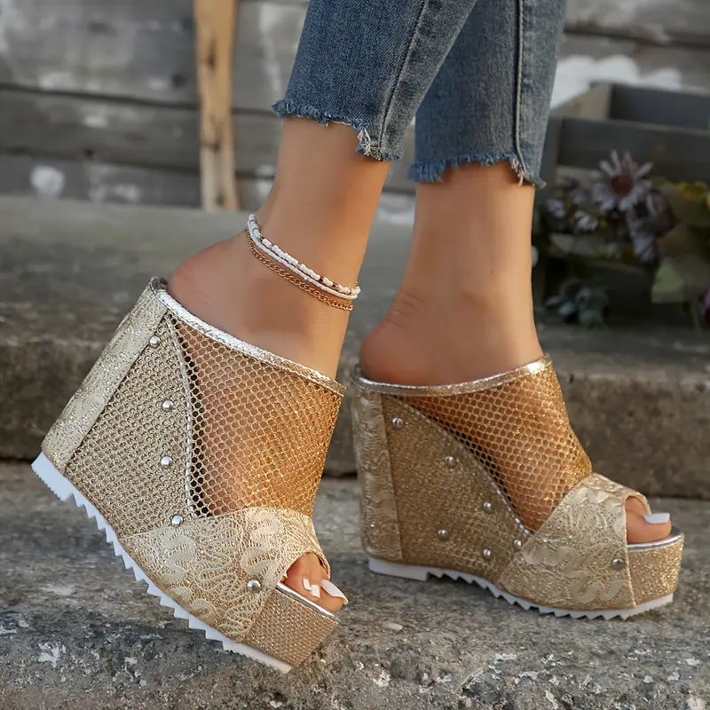 womens solid color mesh sandals platform slip on walking casual vacation shoes breathable wedge shoes details 1