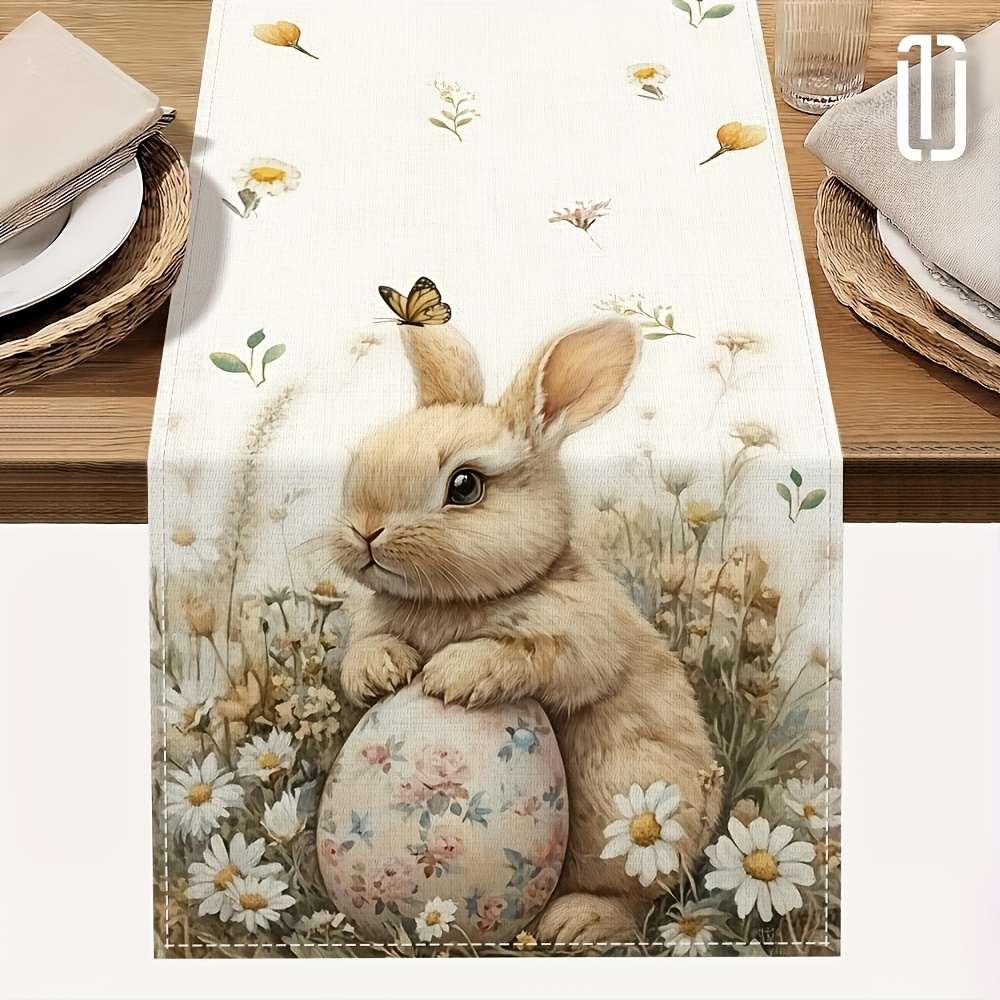 

Easter Bunny And Floral Egg Design Polyester Table Runner, 100% Woven Polyester Rectangular Tablecloth, 72" For Decor Celebrations