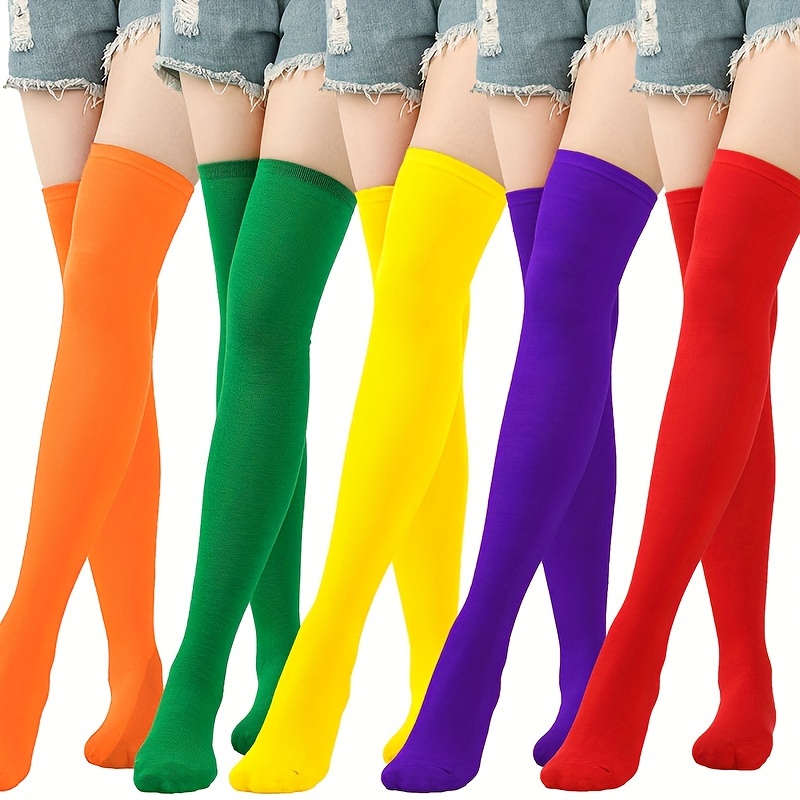 

5pcs Women's Fashionable Solid Color Over-the-knee Socks - Sexy Thigh-high Stockings, Breathable Polyester