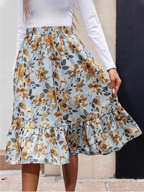 modischer eleganter pendler-midi-rock für damen mit blumendruck für partys, urlaub versammlungen, böhmischer rock mit elastischem bund, zzy frühling/sommer