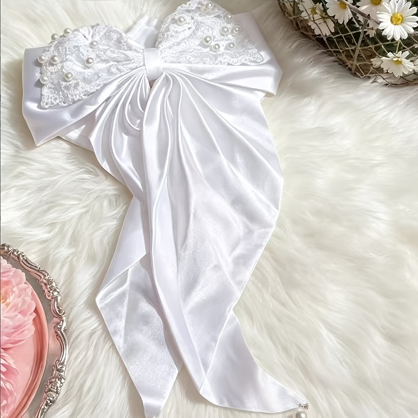 TEMU 1pc White Satin Lace Ribbon Long-tail Bow Hair Clip, Vintage Luxury Pastoral Hair Accessory, Suitable For Back-to-school, Civil Bureau