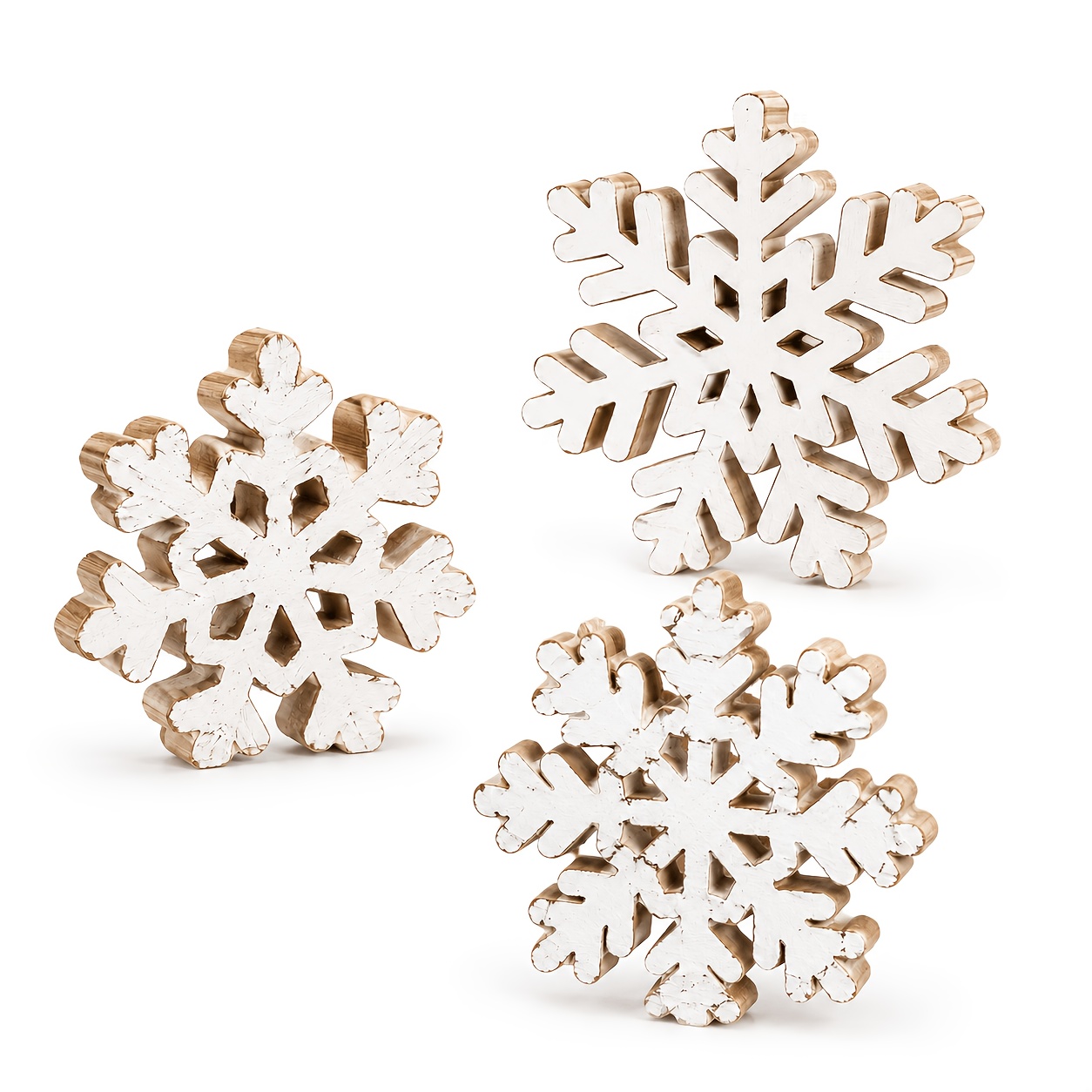 Image of Rustic Wooden Snowflake Ornaments Set Of Three, Distressed White Washed Wood Winter Decorations, Farmhouse Style Tiered Tray Tabletop Decor For Mantel, Coffee Bar, Christmas Home Holiday Gift