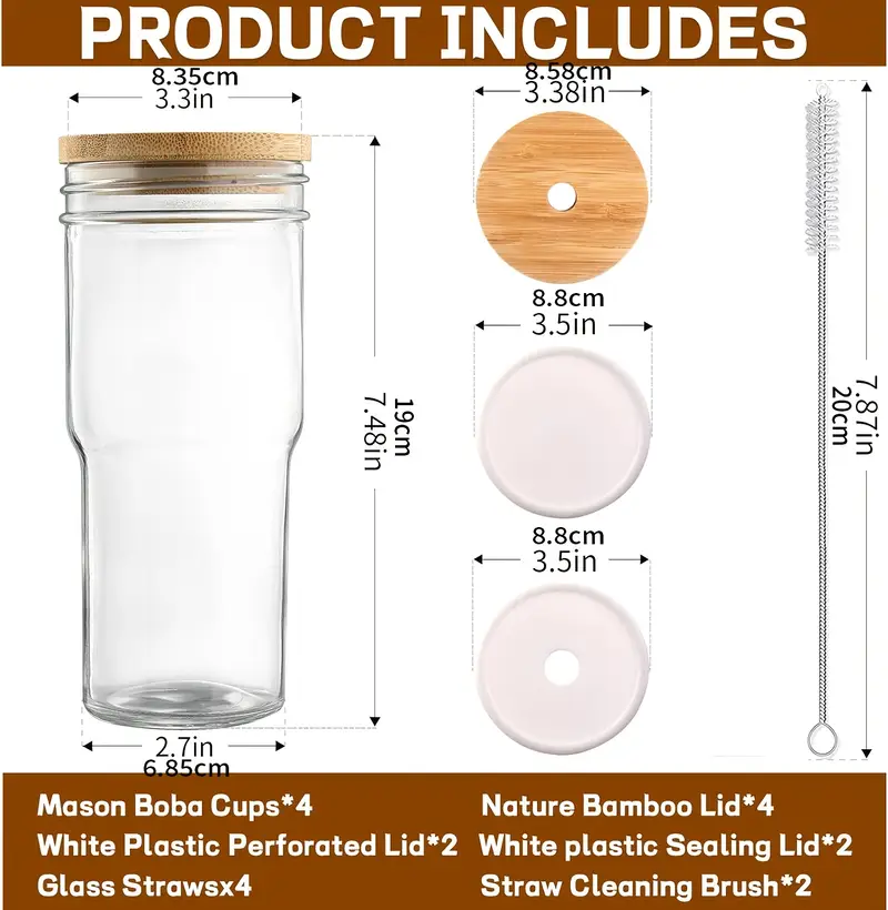 glass cups with lids and straws 24 oz travel coffee mug wide mouth mason jar iced coffee cup smoothie cup glass tumbler tea cup clear cups cute water cups drinking glasses 2 4packs Product details 4