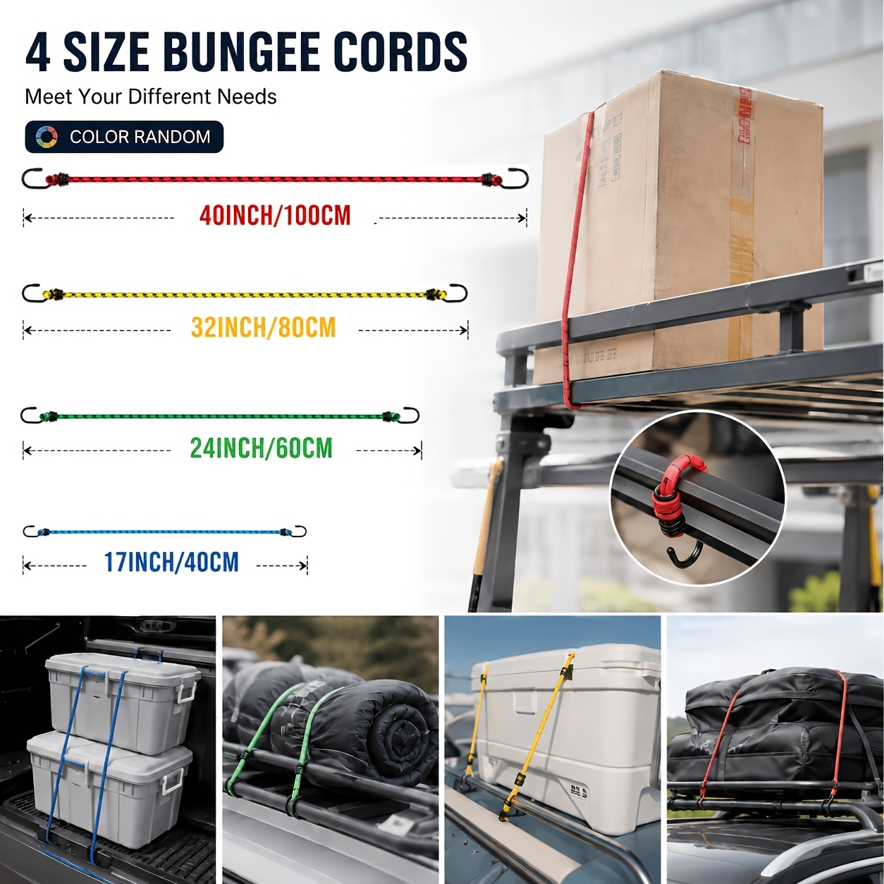 TEMU 4pcs Set Of 17-inch, 24-inch, 32-inch, And 40-inch Elastic Straps, Random Colors, Heavy-duty Elastic Ropes With Hooks, Suitable For Luggage,
