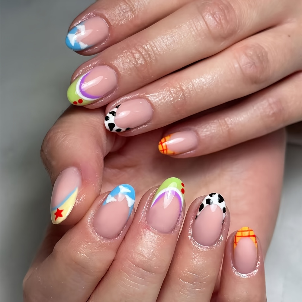 TEMU 30 uñas postizas Y2K de presión estilo francés con estampado de vaca, cuadros y estrellas, forma corta, puntas de uñas acrílicas brillantes con