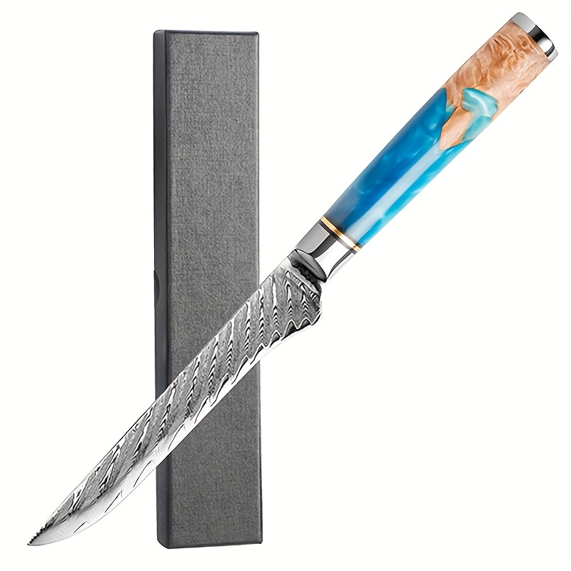 TEMU 6-inch Damascus Steel Boning Knife With Shell Handle – Flexible Fillet Knife For Beef, Salmon, And Vegetables – Iridescent Blue, Green, Yellow