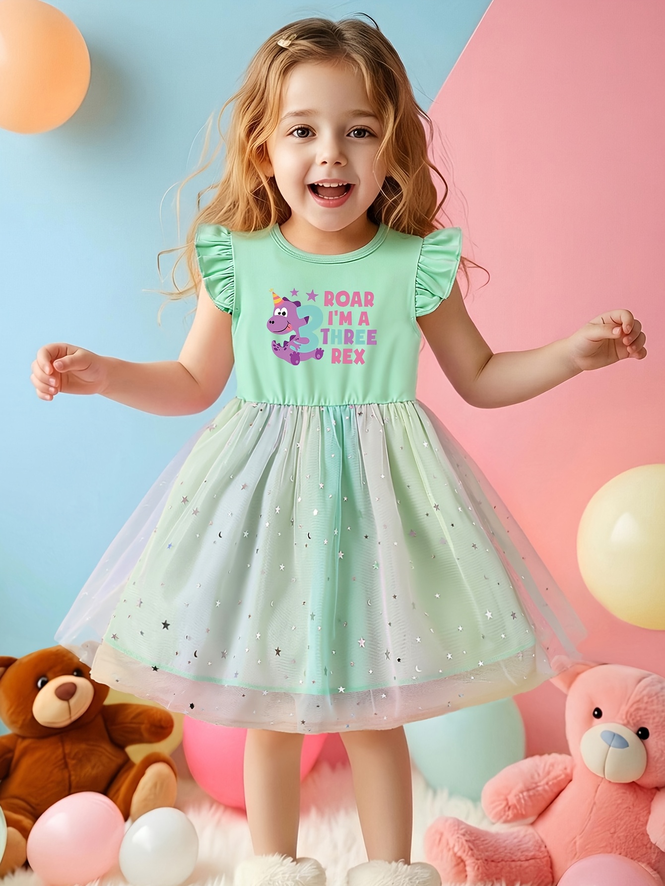 cute dinosaur dress Summer Girls' Flutter Sleeve Mesh Skirt, Cartoon * Print Dress, Casual Outdoor Party Princess Dress, Suitable for 3-Year-Old Girls' Birthday Gift Please double and triple dinosaur dress for adults flattering dresses RHODE Lulani Dress | Size:44UK - 54EU