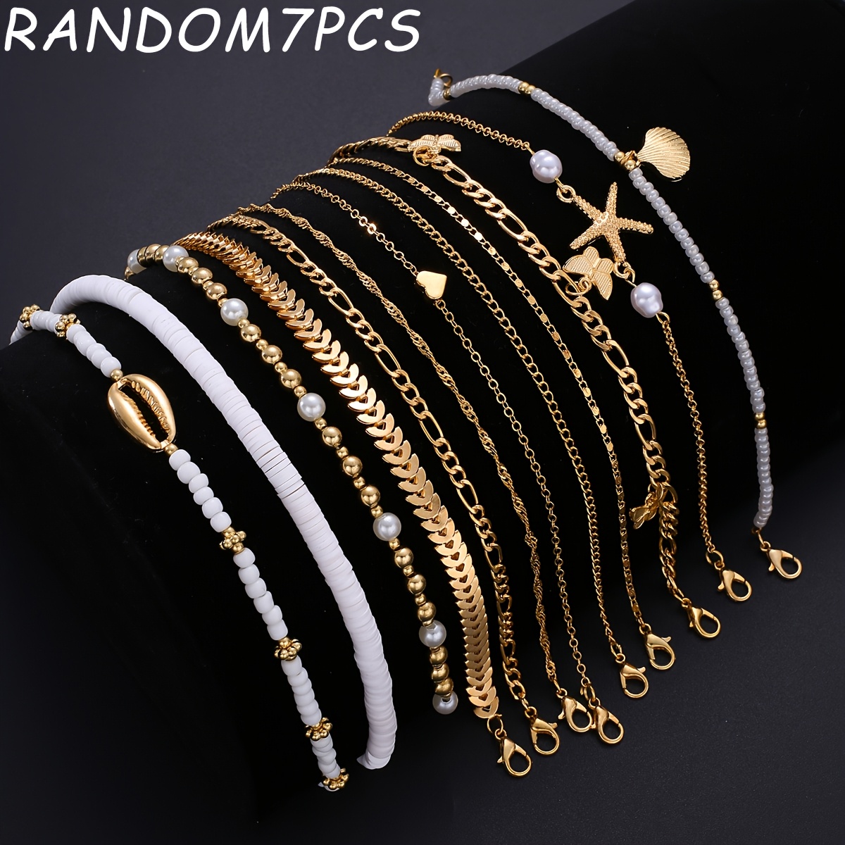 TEMU Random 7pcs Women Anklet, Fashionable Luxurious Elegant Old Money Style Heart Shaped Bohemian Style Women Anklet Set, Suitable For Women'