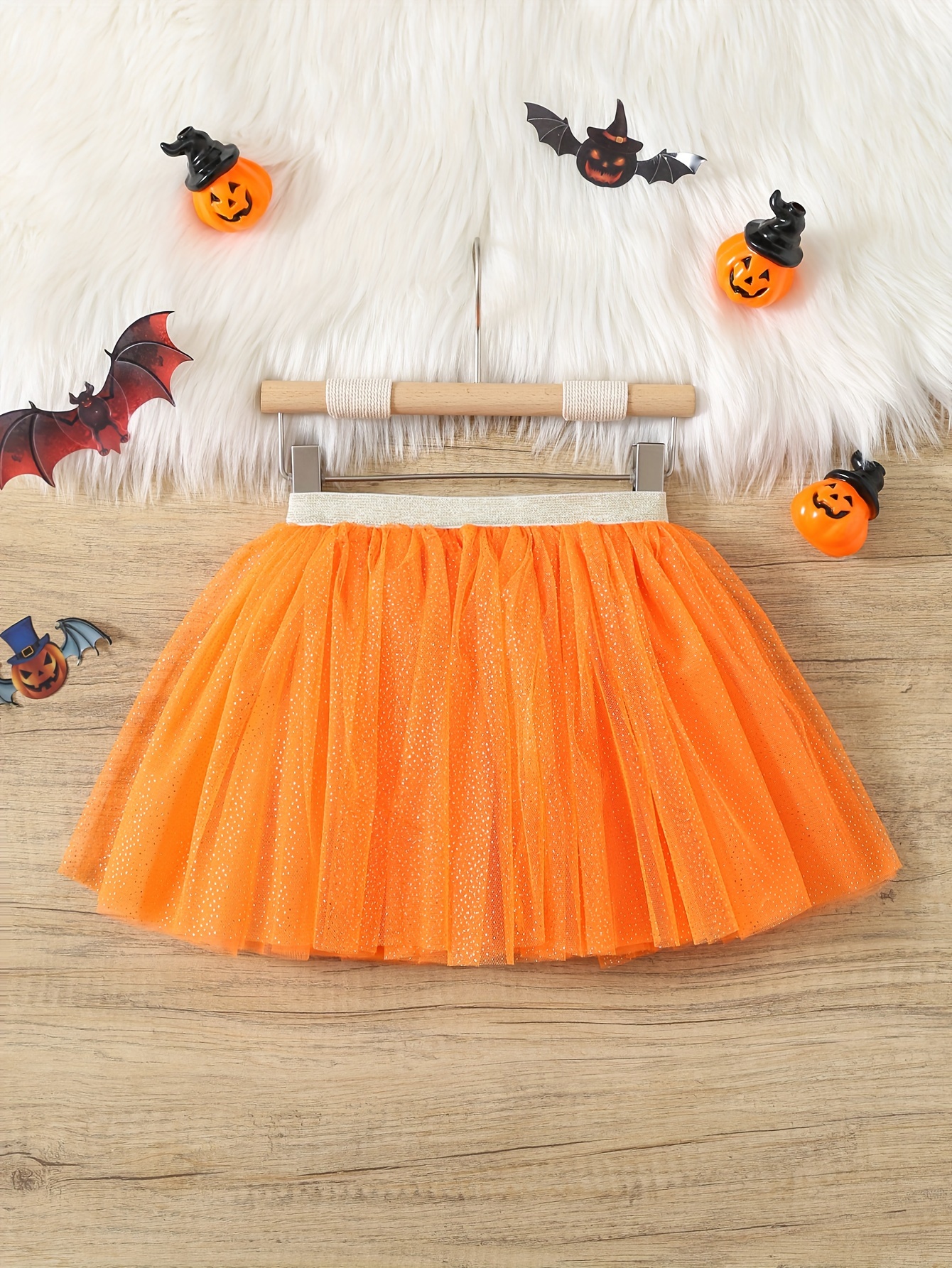 Girls Halloween Performance Tutu Skirt Orange Mesh Knee-Length Pleated  Skirt for Party and Carnival Solid Color, Knit Fabric, Polyeste