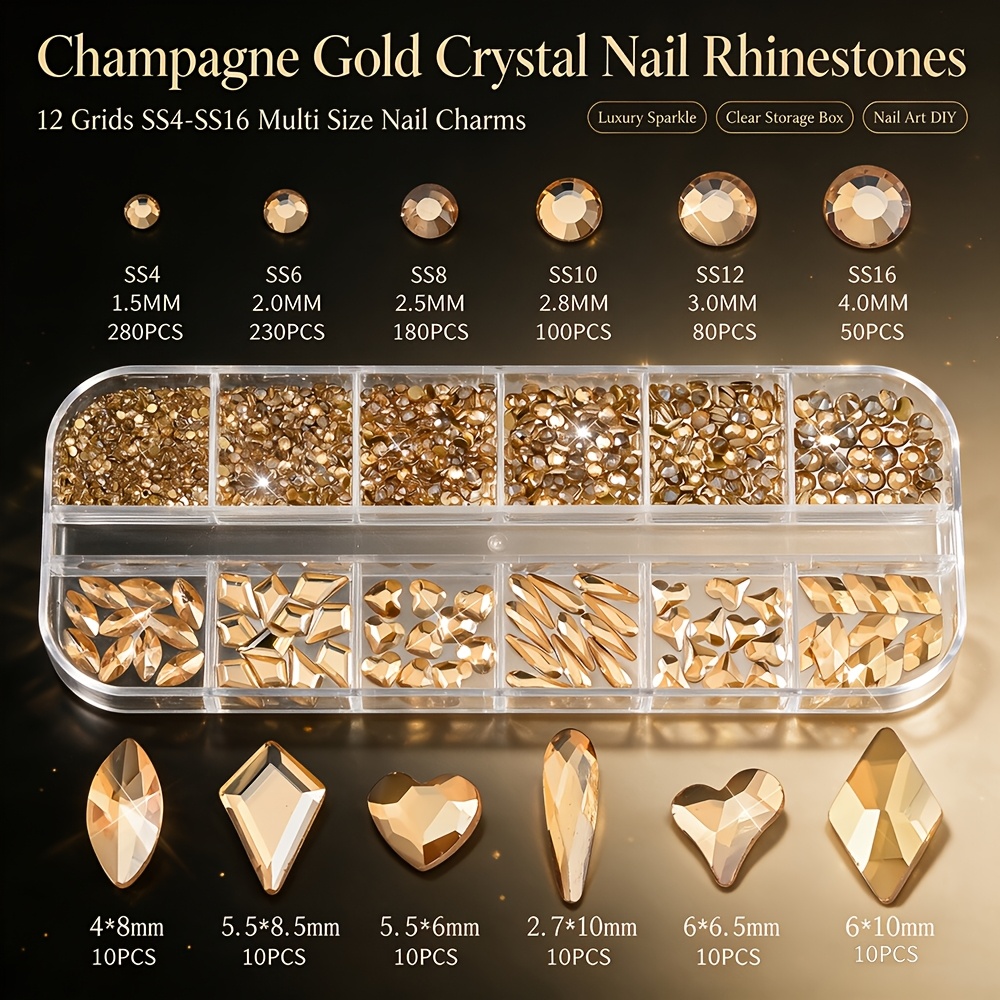 TEMU 12 Grids Golden Flatback Nail Rhinestone & Gems Set - Ss4-ss16 Mixed Size Suitable For Wedding, Party, Diy Manicure With Round, Heart, Teardrop,