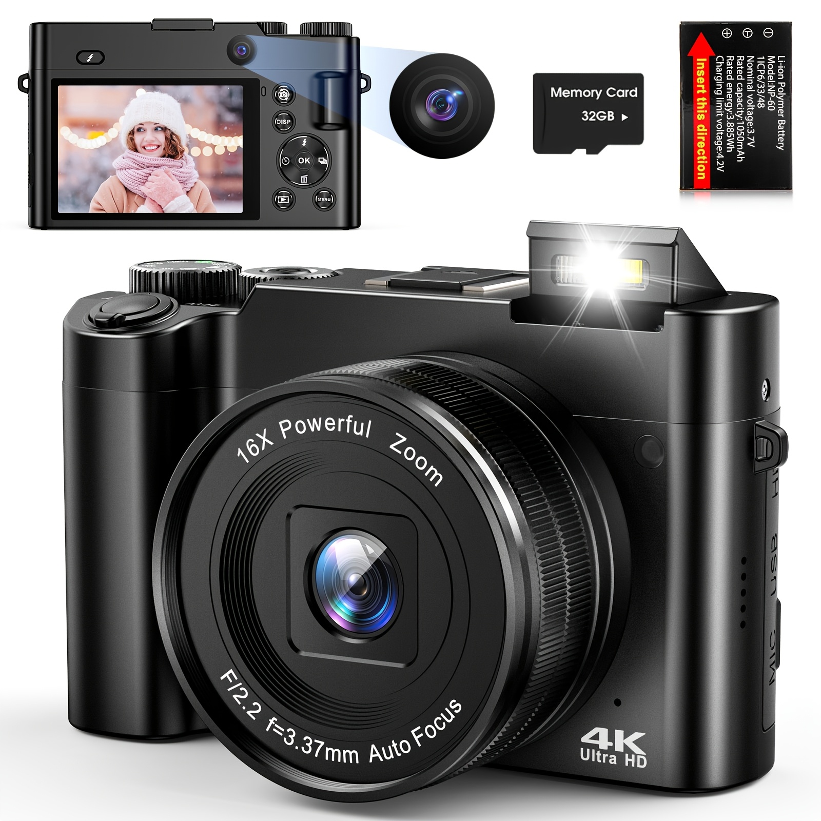    218 digitalkamera 4k ultra hd   vlog kamera mit 32gb sd-karte 1050mah akku 16x optischer zoom 2.8-zoll tft bildschirm autofokus led blitz sofortbild fotokamera für erwachsene | kompaktes, portables design |   geschenk für reise familien