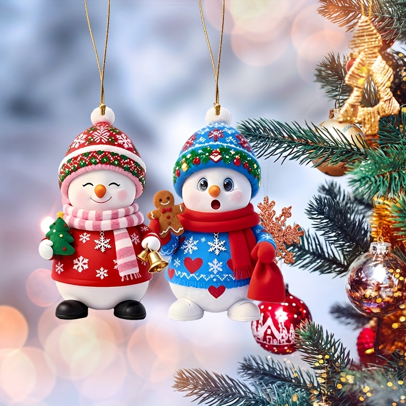 Image of 2pcs Snowman Family Christmas Ornament Set - Plastic Hanging Decorations With Snowman Parent & Figures, Durable / Tree & Holiday Decor, Festive Gift Set