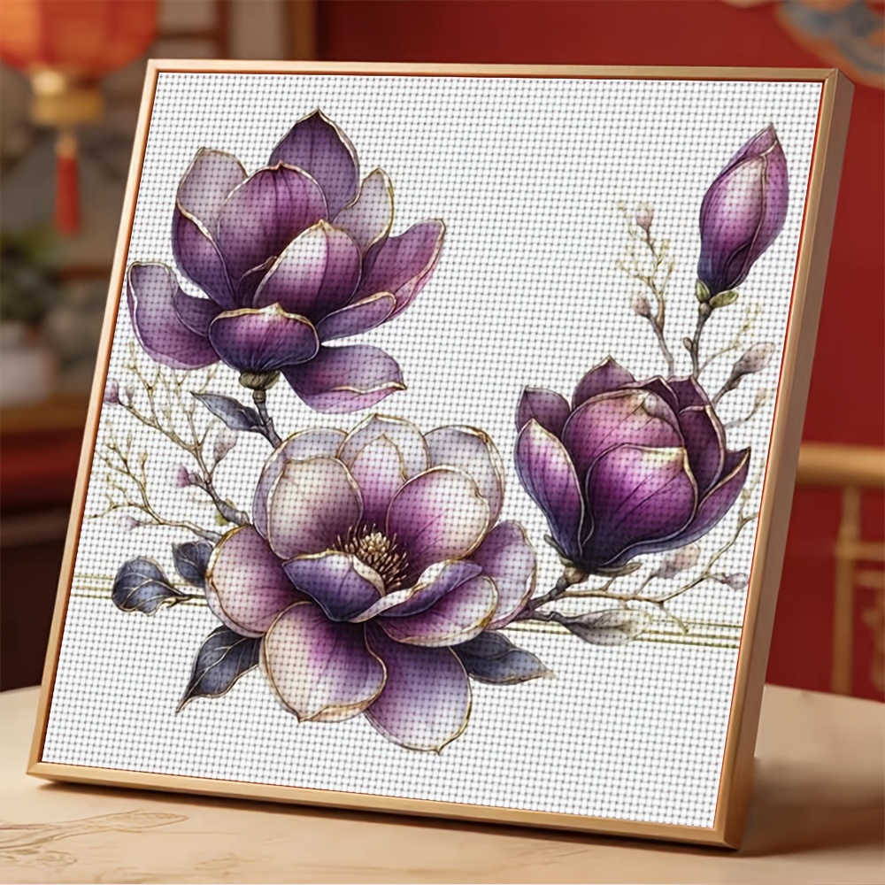 Cross-Stitch Printed Kit, Original Design, "Purple Magnolia Floral Illustration"