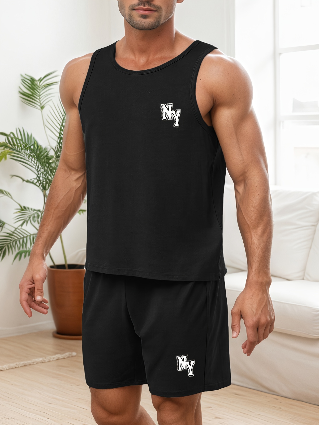 mens letter print vest shorts pajama set Temu United Arab Emirates