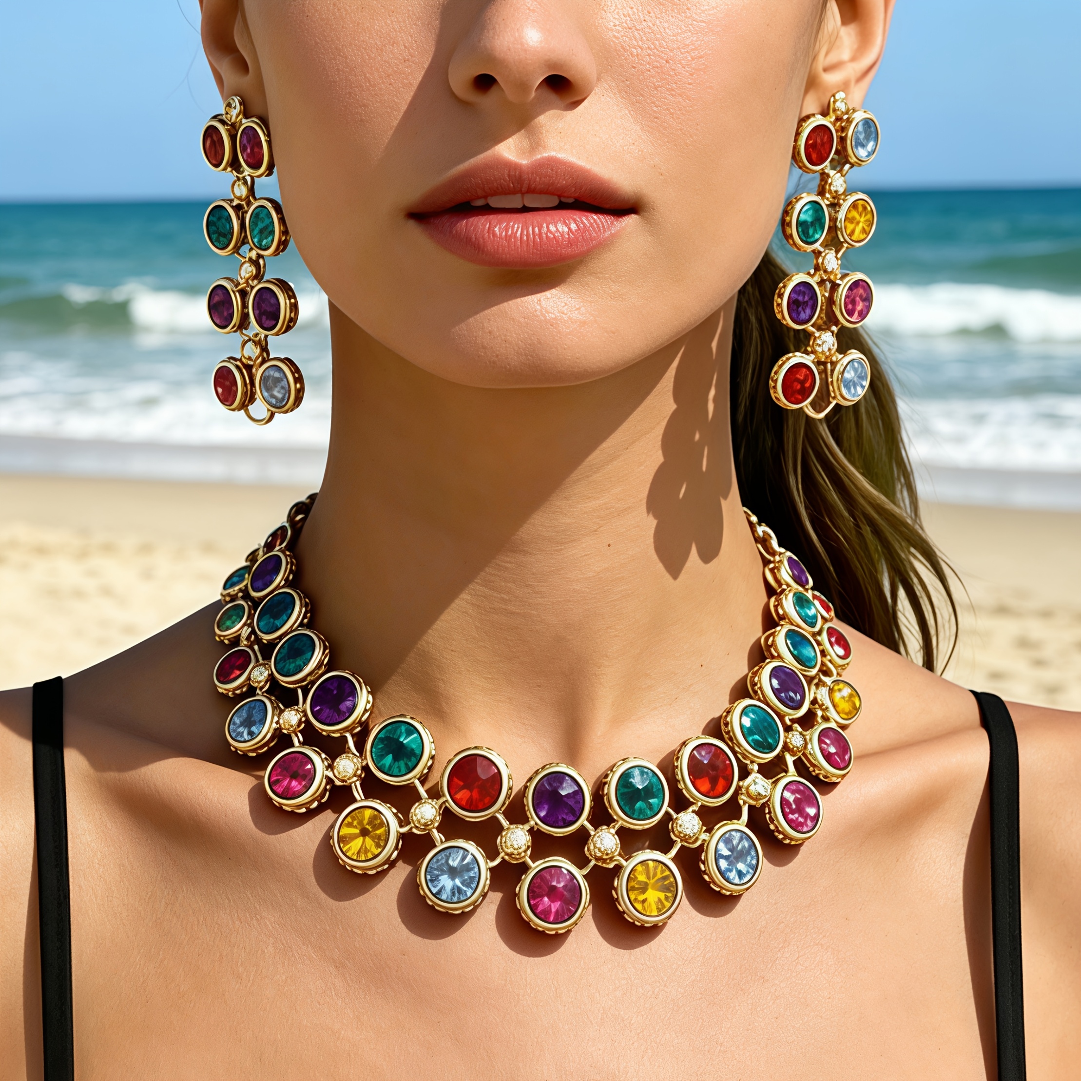 TEMU 2pcs Set: Luxurious And Fashionable Women's Colorful Inlaid Ultra-shiny Necklace And Earrings Set, Double-layer Contrast Exquisite Necklace And