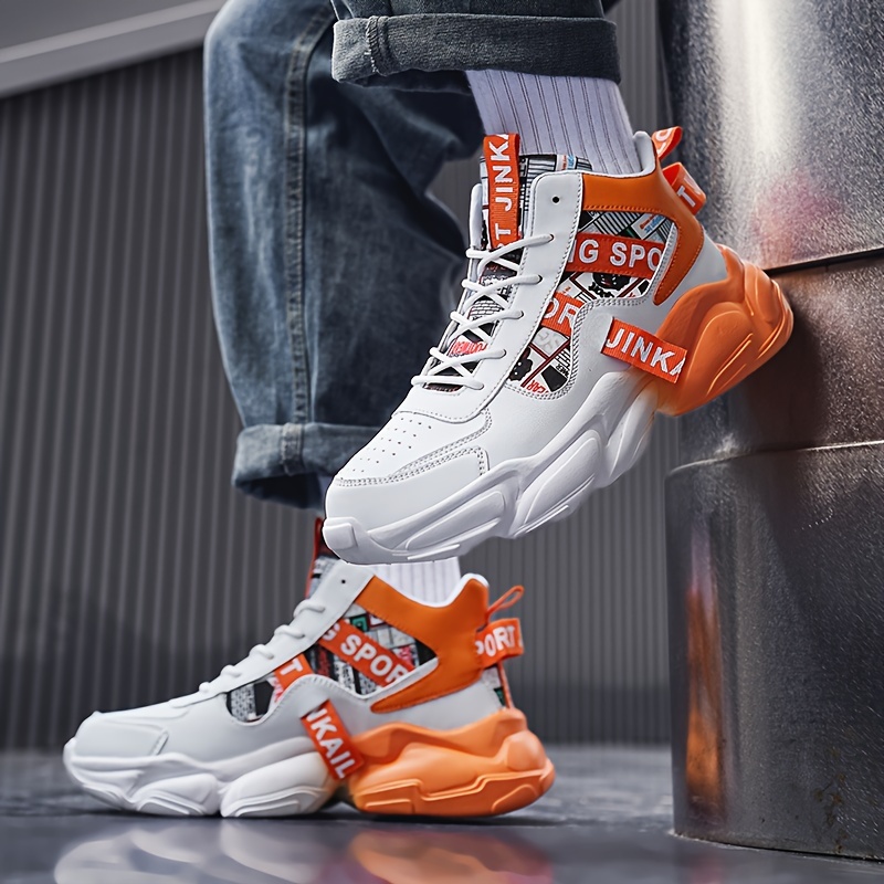 Zapatillas casuales de caña alta para hombre con patrón aleatorio, ajuste universal, cierre de cordones, uso para todas las estaciones, punta redonda, suela de PVC, plantilla de tela y parte superior de imitación.