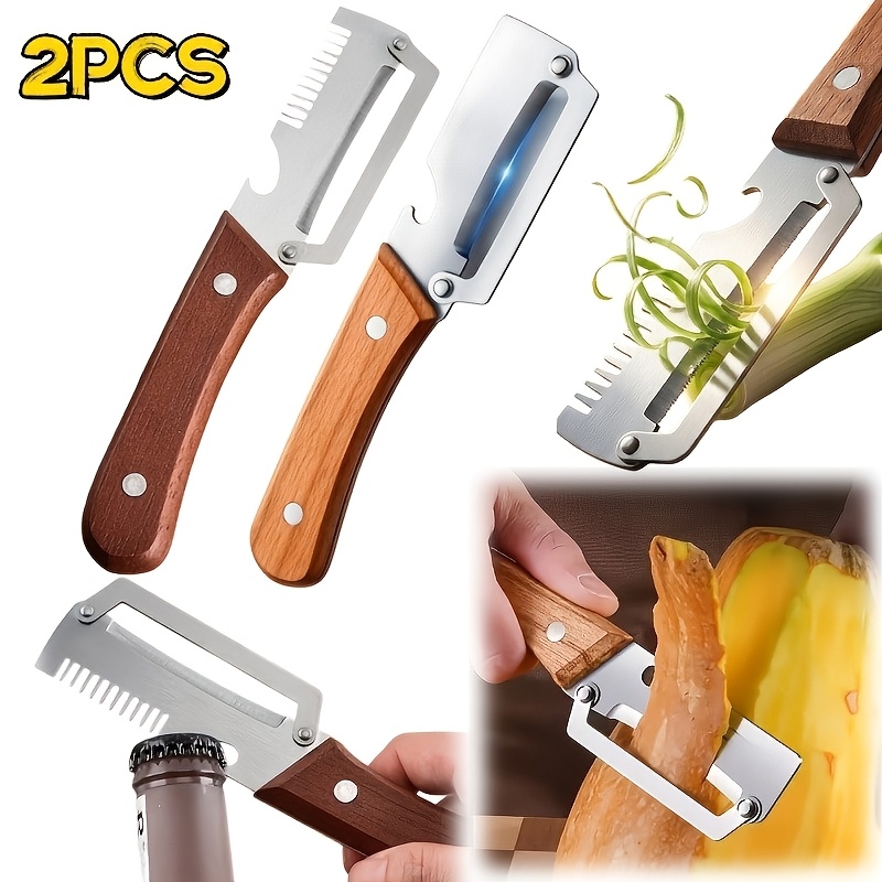 2pcs set vegetable grater and fruit peeler   with   stainless steel   and bottle opener   durable kitchen tool gift suitable for   professional chefs wooden   suitable for potatoes