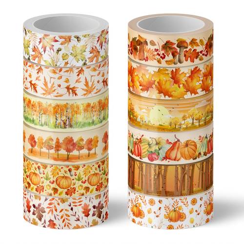 item picture 12 rolls fall watercolor washi tape autumn themed masking tape suitable for scrapbooking journaling diy crafts with pumpkin mushroom patterns washi paper for gift wrapping gift decorations 0 6inch