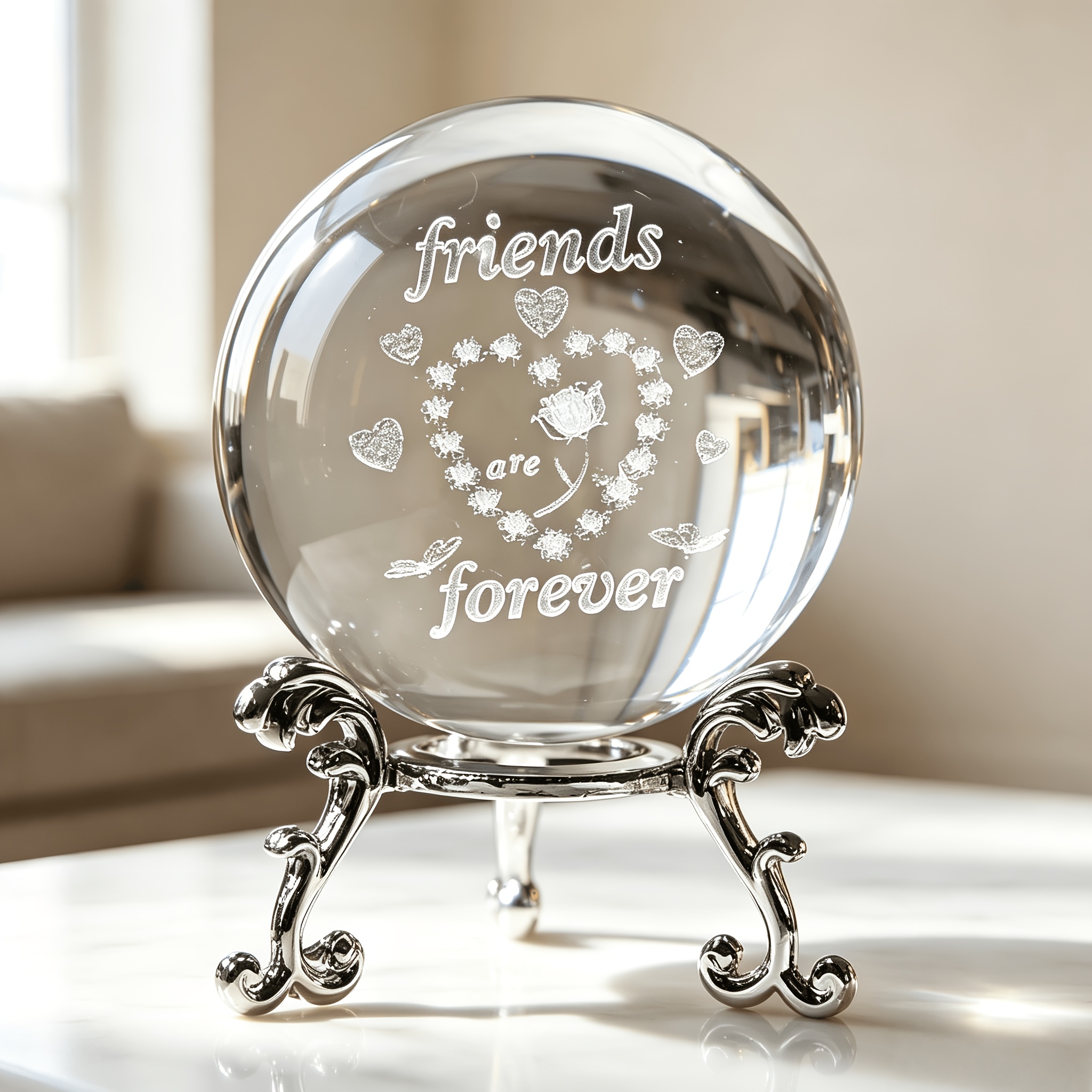 TEMU 3d Inner Engraving Friendship Crystal Ball Ornament With Metal Stand, Best Friend Commemorative Desktop Decoration Gift