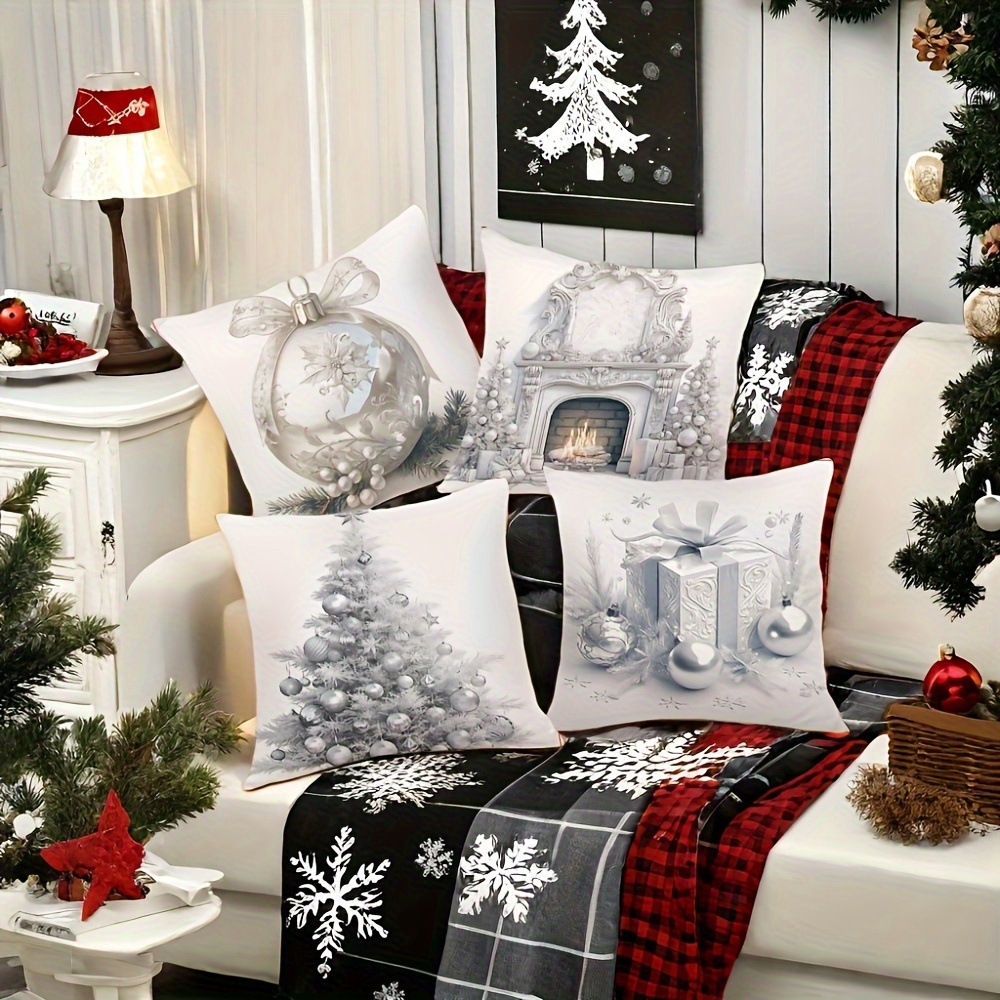 

Jit 4-pack Contemporary Holiday Christmas Throw Pillow Covers 18x18 Inch, With Trees, Ornaments & Fireplace, Hand Wash, Zipper Closure, 100% Polyester Woven Covers For Home Decor