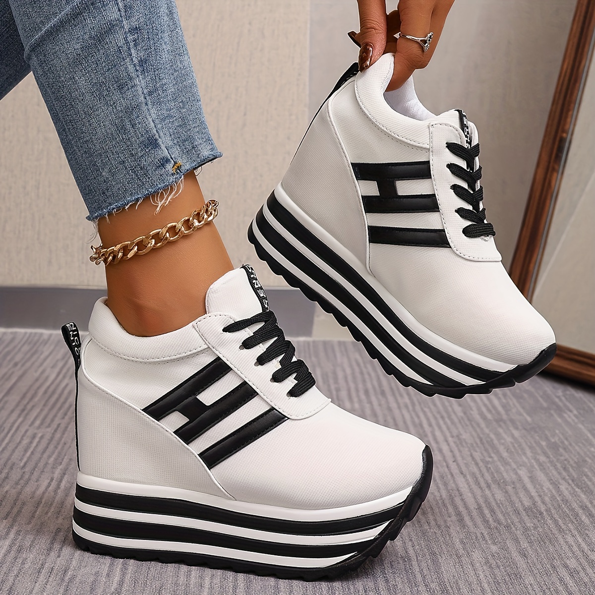 

Women' Wedge Sneakers - 10cm Height Increase, Lace-up Canvas Shoes With Platform Sole For All