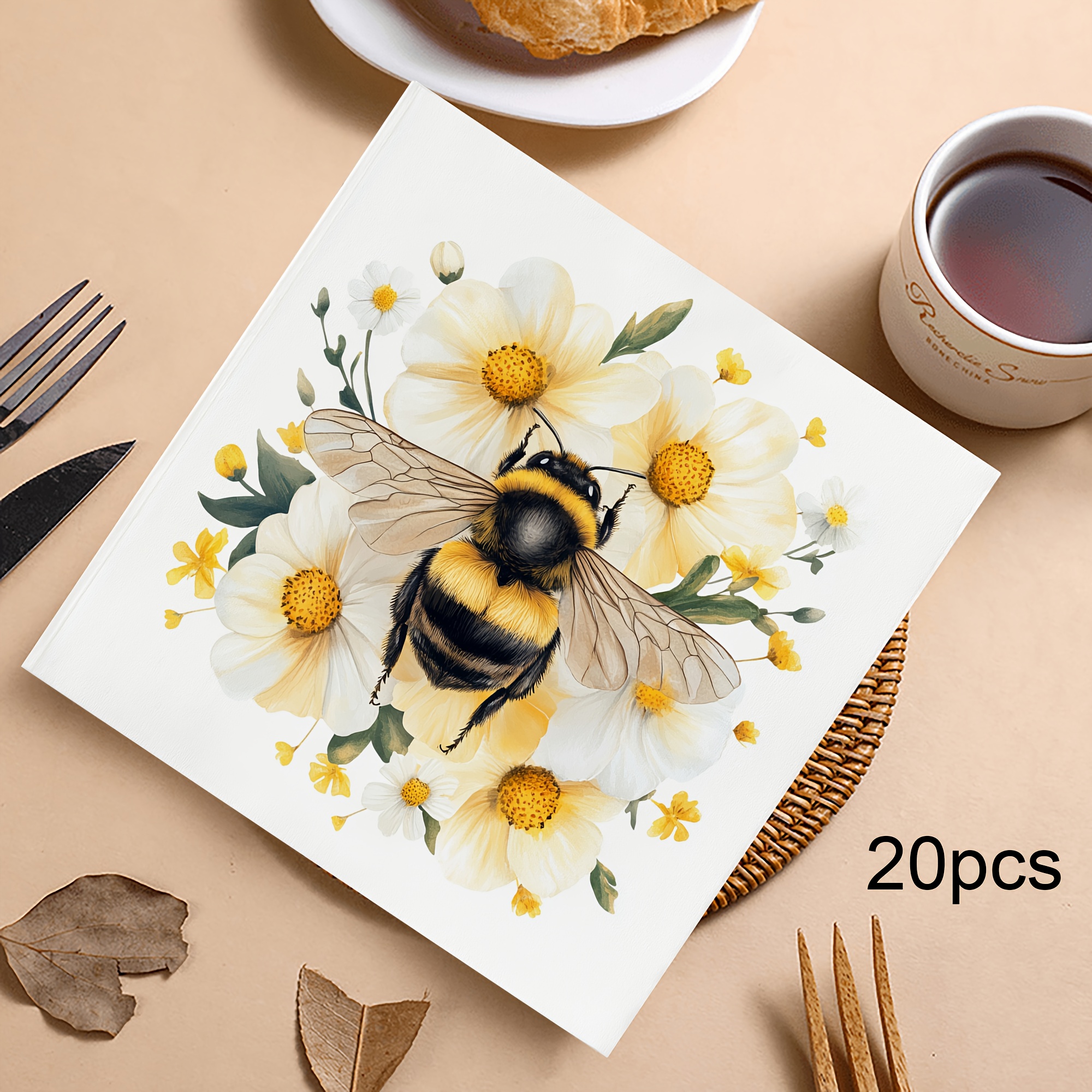TEMU 20pcs Beepatterned Tissues 3ply Napkins 5inch Square Tissues 125 X 125cm White Plain Weave Napkins Suitable For Party Paper Outdoor
