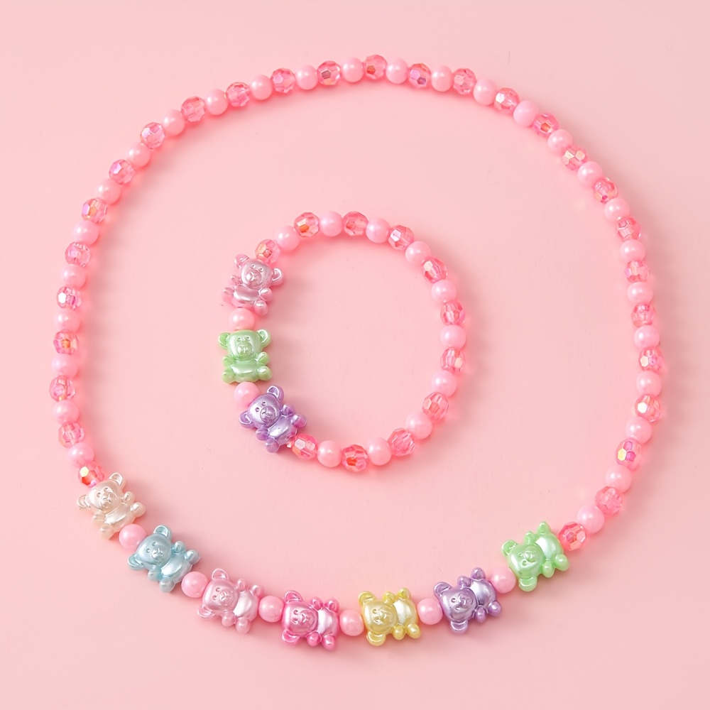 TEMU Set Of 2 Colorful And Adorable Bear Stretch Bracelets And Necklaces For Girls, Great For Best And Bff Parties, Birthday And Music Festival Gifts