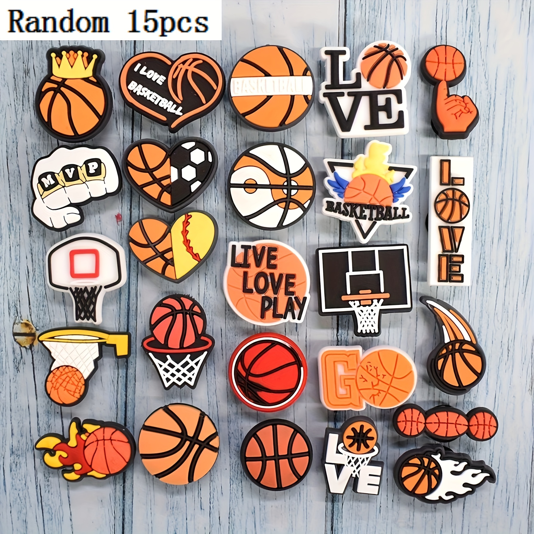 TEMU Random 15pcs Vibrant Basketball-themed Shoe Charm Accessories - Decorative Sports Shoe Decorations For Sneakers, Basketball Fans, And Athletes -
