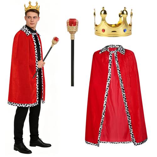 3pcs king costume set 3pcs party outfit with 90cm 130 cape queen velvet robe scepter for men women celebrations dress up cosplay halloween birthday day carnival role playing
