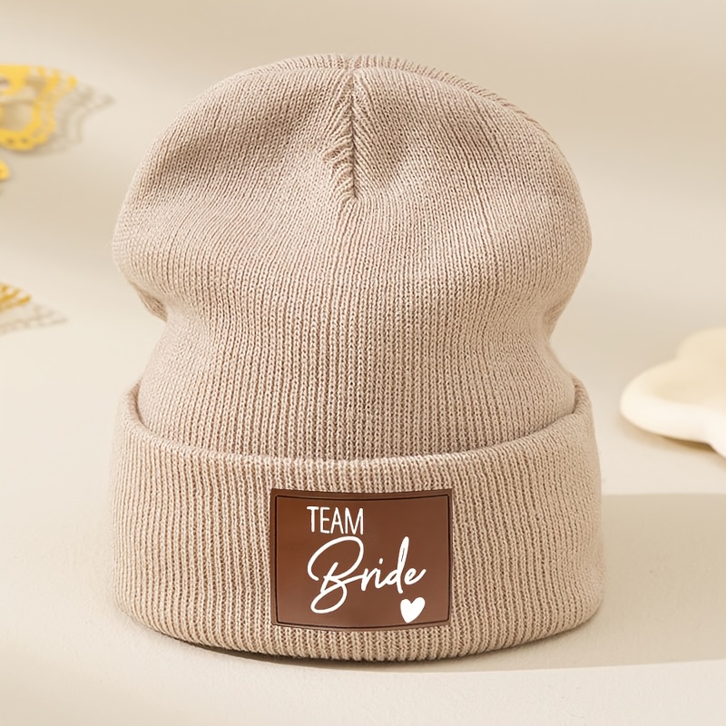 Image of "bride Team" White Letter Brown Printed Women's Autumn Winter Hat Hat Women' Layer All-match American Men Women Warm Pullover Hat Hat Thickened Cold Protection Ear Protection Hat